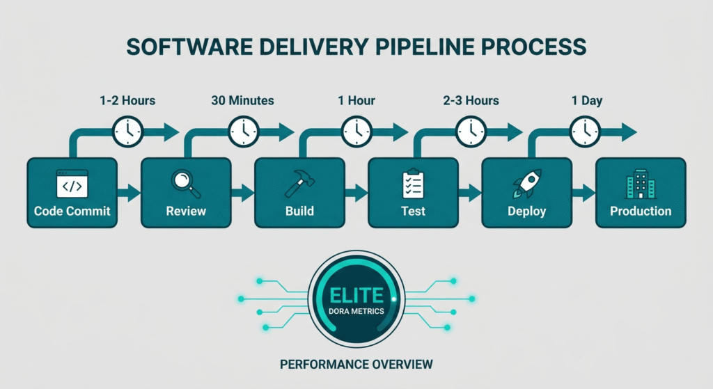 Flow and delivery pipeline diagram illustrating cycle time and lead time from code commit to production deployment