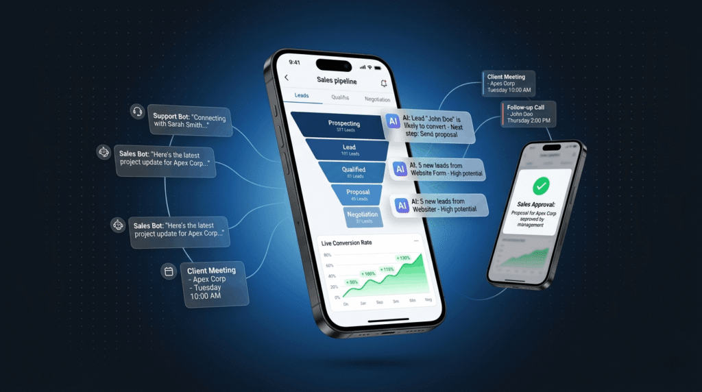 A mobile CRM dashboard displaying a live sales pipeline, AI chatbot notifications, and automated approval alerts connected by glowing data streams in a dark futuristic interface