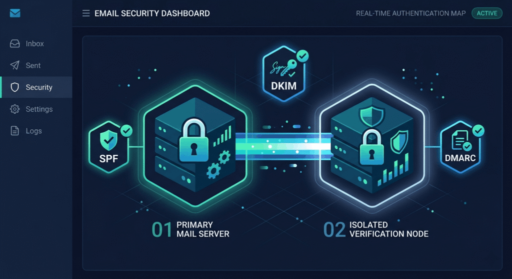 "Double-isolated cold email infrastructure showing two secure mailbox nodes connected by a verified data pipeline with SPF, DKIM, and DMRC badges"