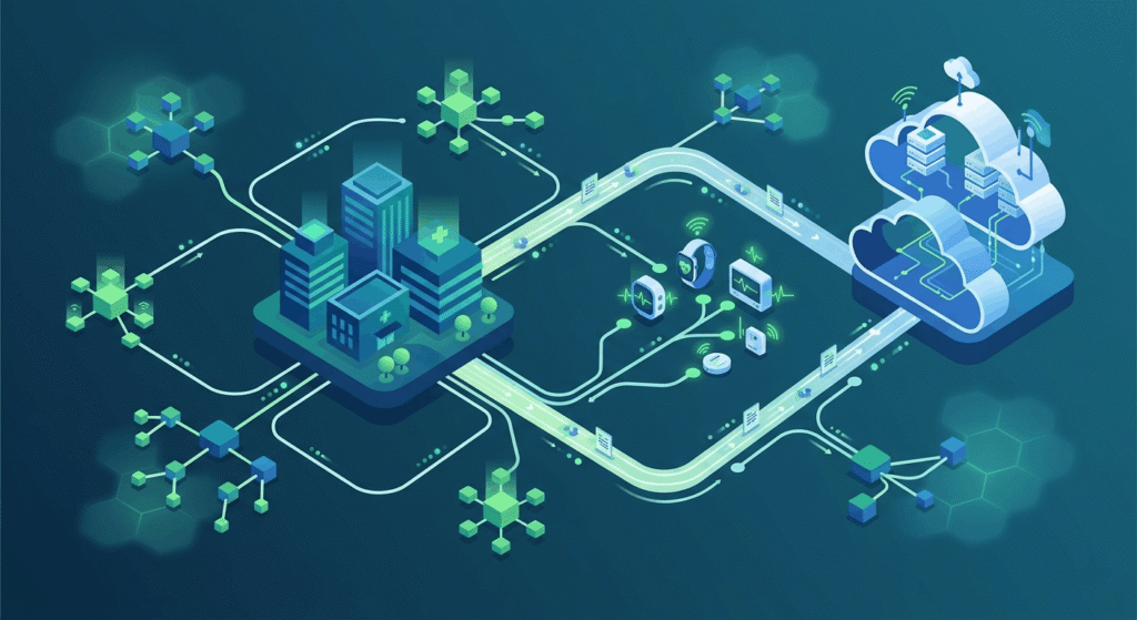 FHIR-based healthcare data interoperability network connecting EHR systems, devices, and cloud platforms