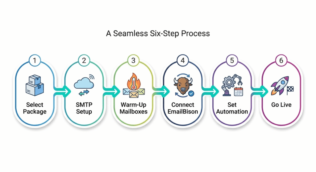 "Six-step onboarding flow for setting up ScaledMail and EmailBison cold email stack: select package, SMTP setup, mailbox warm-up, sequencer connection, automation, and campaign launch"