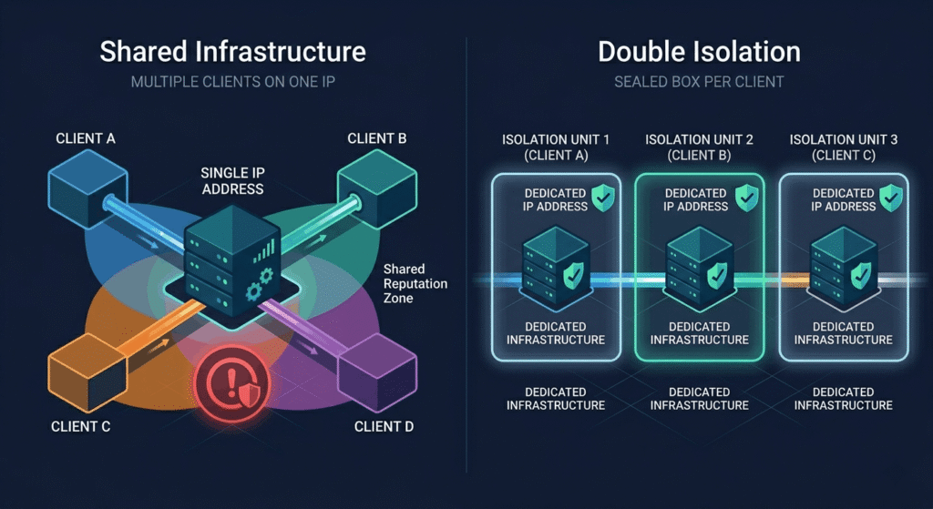 "Comparison diagram of shared email infrastructure versus ScaledMail double-isolated architecture, showing separate sealed environments for each client's mailbox and sequencer"
