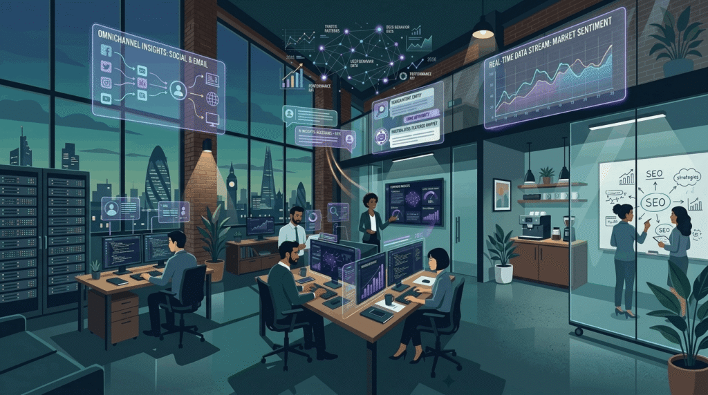 Illustrated digital agency team in a modern office surrounded by AI search data and optimization dashboards representing AEO and SEO strategy in 2026