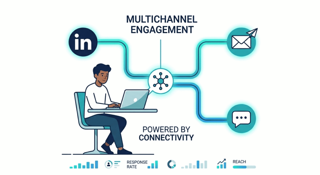  Multi-channel outreach strategy showing LinkedIn, email, and SMS automation paths for B2B sales teams