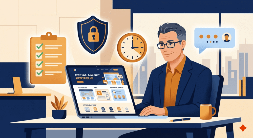 Business owner evaluating a web development partner with checklist, security, SLA, and communication considerations visible