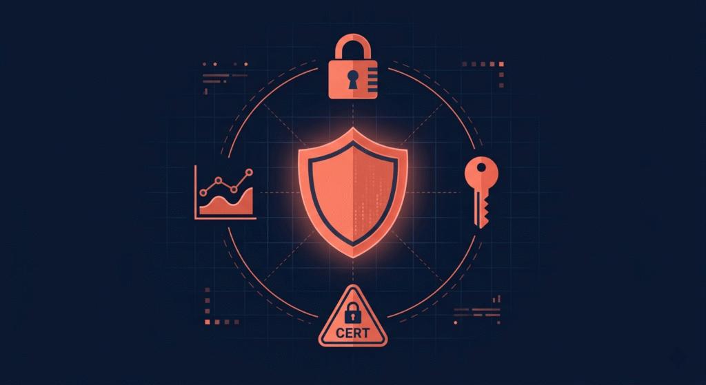 Security shield surrounded by authentication, encryption, and monitoring icons representing API endpoint security measures