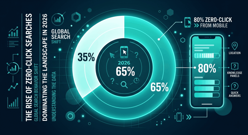 infographic showing that over 60% of searches in 2026 result in zero clicks, with mobile zero-click rates reaching 80% for informational queries