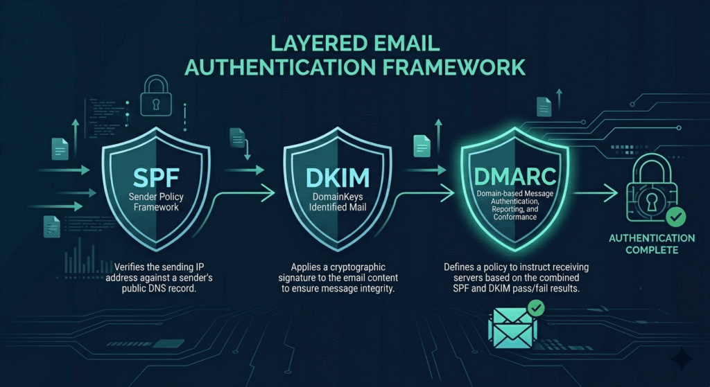 PF DKIM DMARC email authentication explained — three-layer protection diagram
