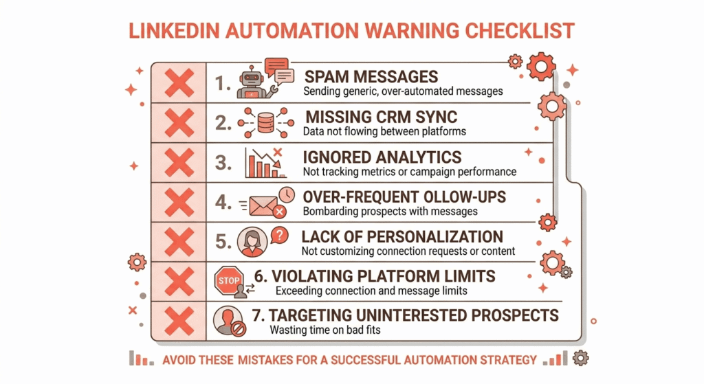 Checklist of seven common LinkedIn outreach automation mistakes to avoid for safe and effective lead generation