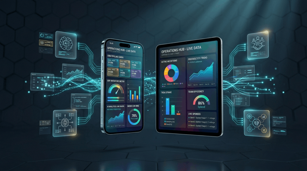 A floating smartphone and tablet displaying live business automation dashboards with CRM, ERP, and AI analytics panels connected by glowing data flow lines in a futuristic dark tech environment
