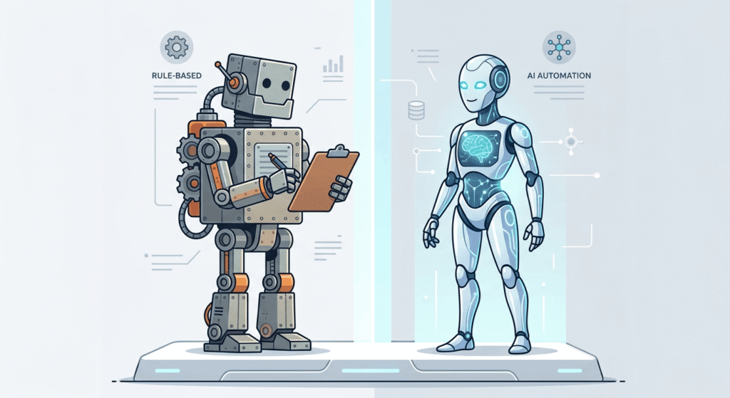 Illustration contrasting a traditional rule-based automation robot with an advanced AI-powered automation robot to represent key differences in marketing technology