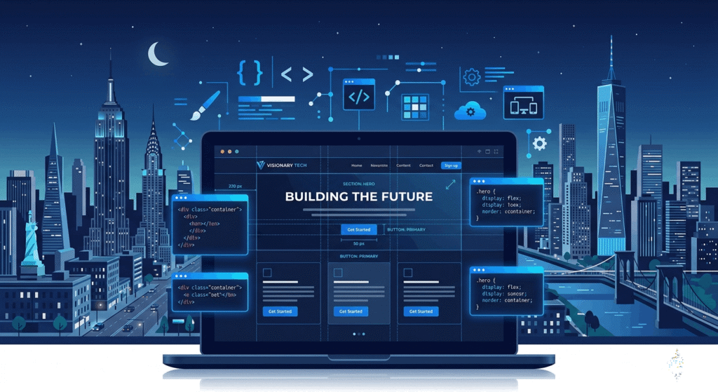 Illustration of web development services in USA showing a laptop with a website under construction against a US city backdrop