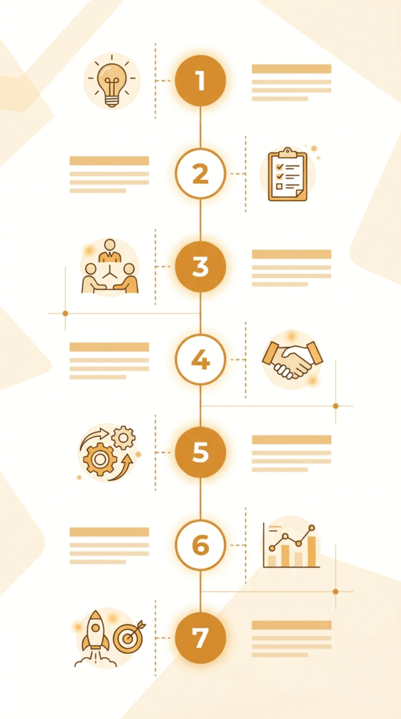 Seven-step vertical timeline illustration representing the API-based AI integration implementation process