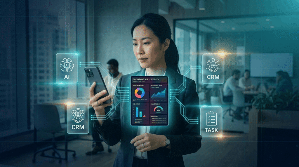 A smartphone displaying a live business automation dashboard surrounded by floating AI, CRM, and ERP interface elements in a futuristic digital workspace