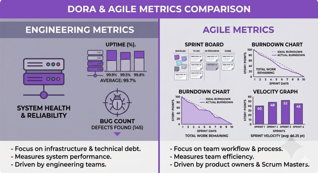 Side-by-side comparison of engineering metrics versus agile metrics showing their key differences and use cases