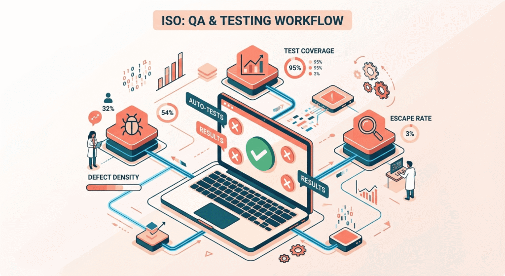 Software testing KPIs illustrated including defect density, test coverage, and escape rate in a QA workflow