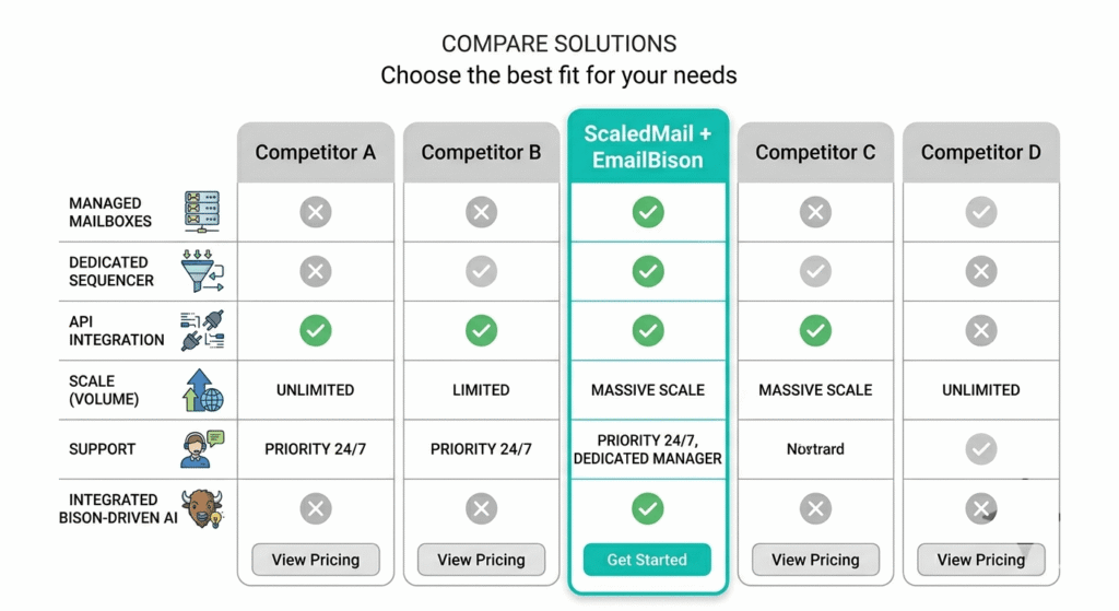 "Feature comparison table of ScaledMail and EmailBison versus Mission Inbox, Maildoso, HyperTide, and cheap inbox tools, highlighting superior deliverability, API access, and scale"