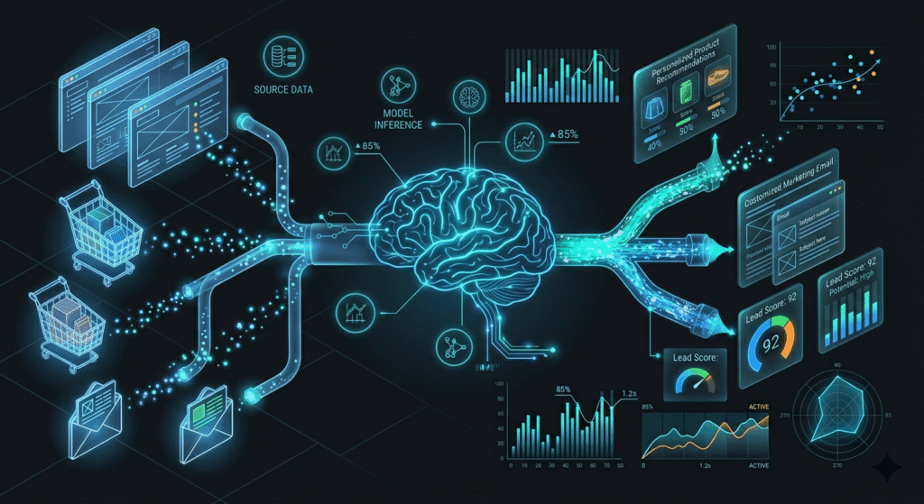 Isometric illustration showing how machine learning processes customer data from multiple sources to generate personalized marketing campaigns and lead scores