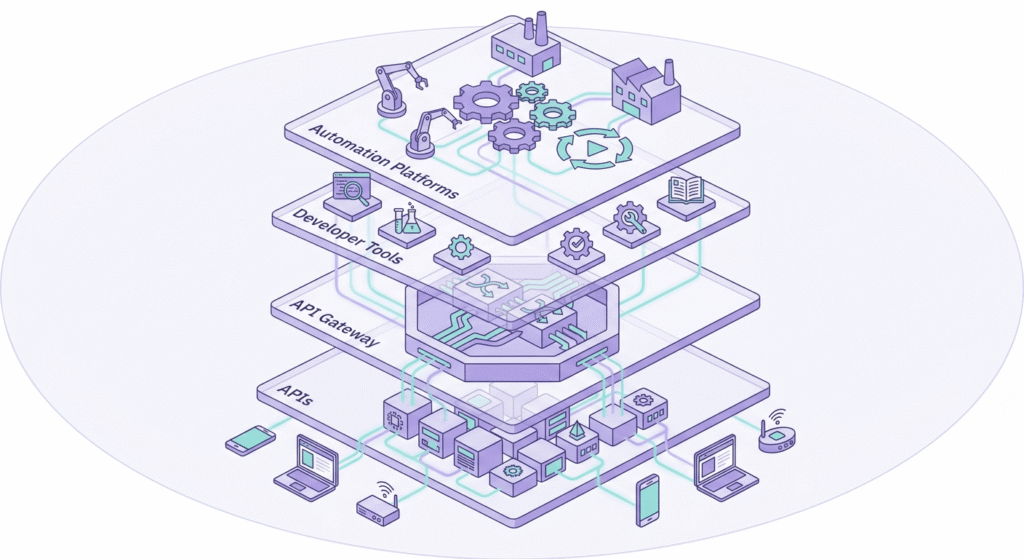 Isometric illustration of an API ecosystem with layered components including gateway, developer tools, and automation platforms