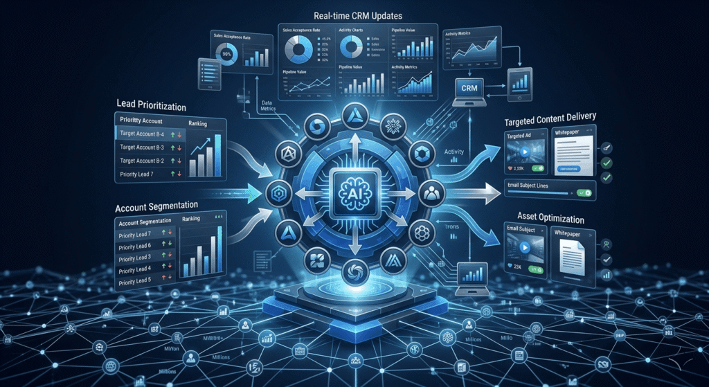 Digital illustration of an AI-powered B2B account-based marketing dashboard showing lead prioritization, content delivery automation, and real-time CRM integration across a business network