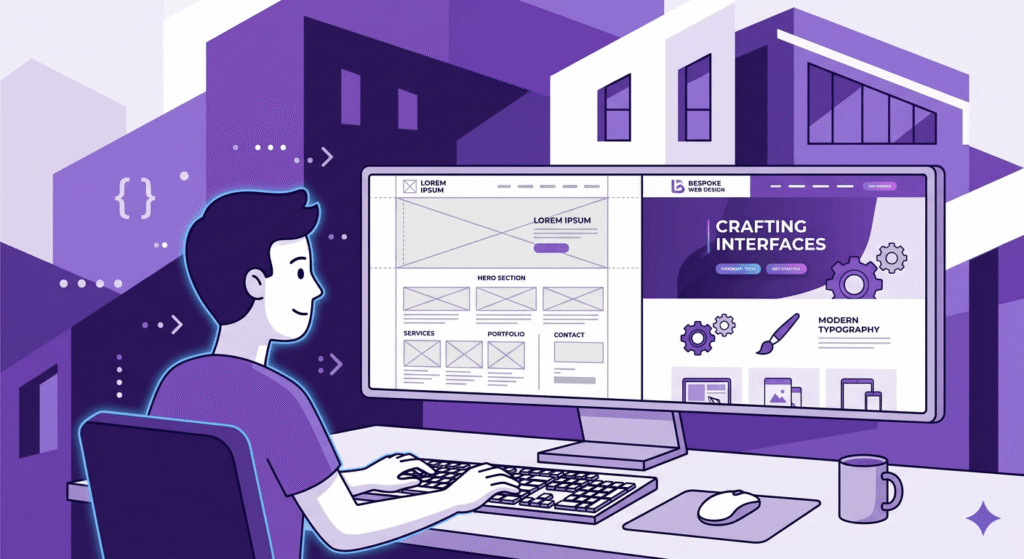 Developer working on custom web development USA project with bespoke website design on dual monitors