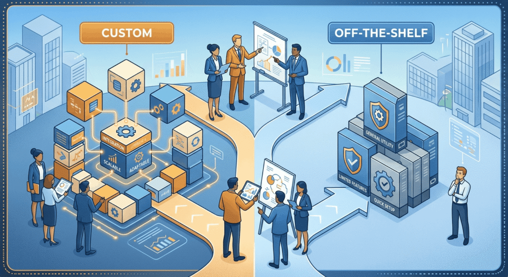 Comparison illustration of custom healthcare software versus off-the-shelf solutions for medical organizations
