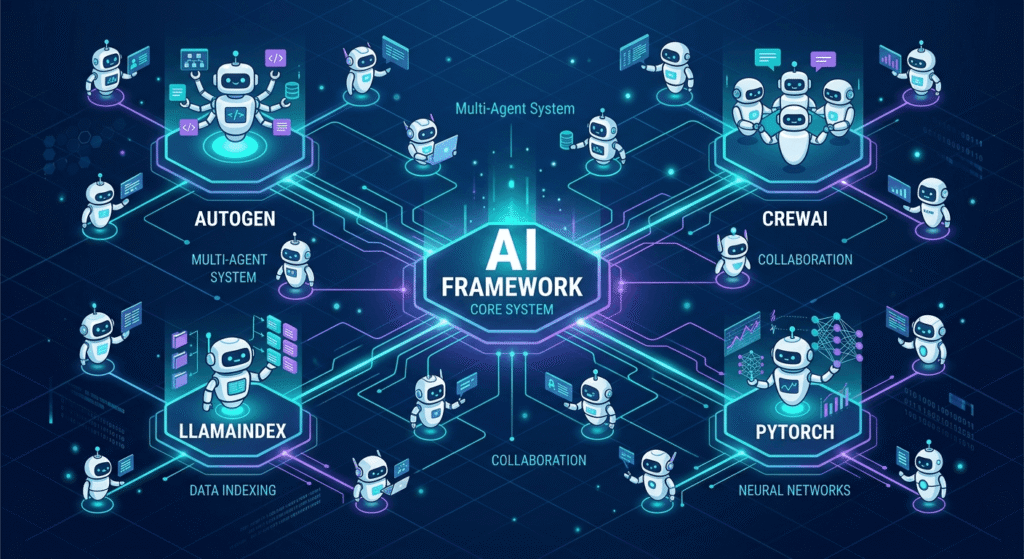 Diagram showing multiple AI agent frameworks connected in a network, representing the AI agent ecosystem in 2026