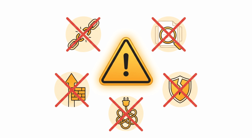 Warning illustration highlighting five common mistakes when selecting an AI agent framework, including vendor lock-in and poor scalability