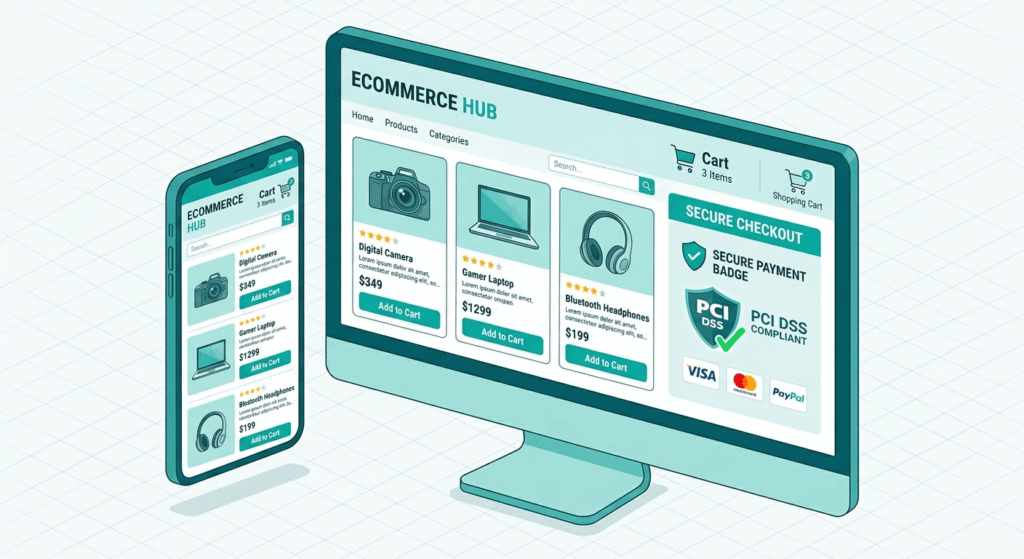 Isometric illustration of ecommerce development showing online storefront, secure payment badge, and mobile-responsive design