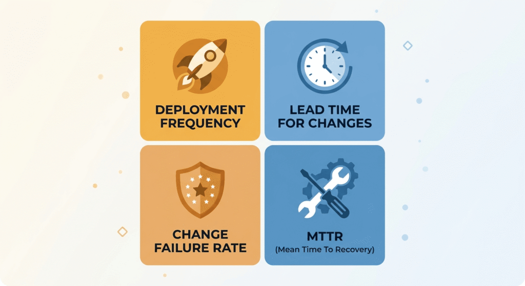 Four DORA metrics illustrated: deployment frequency, lead time for changes, change failure rate, and mean time to recovery (MTTR)