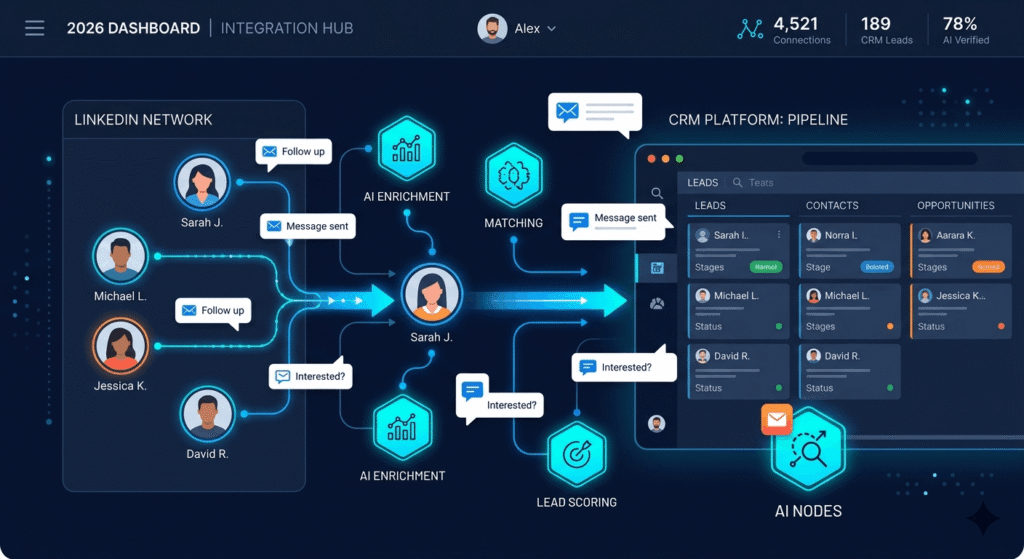 LinkedIn outreach automation dashboard showing AI-powered workflow connecting prospects to a CRM pipeline in 2026