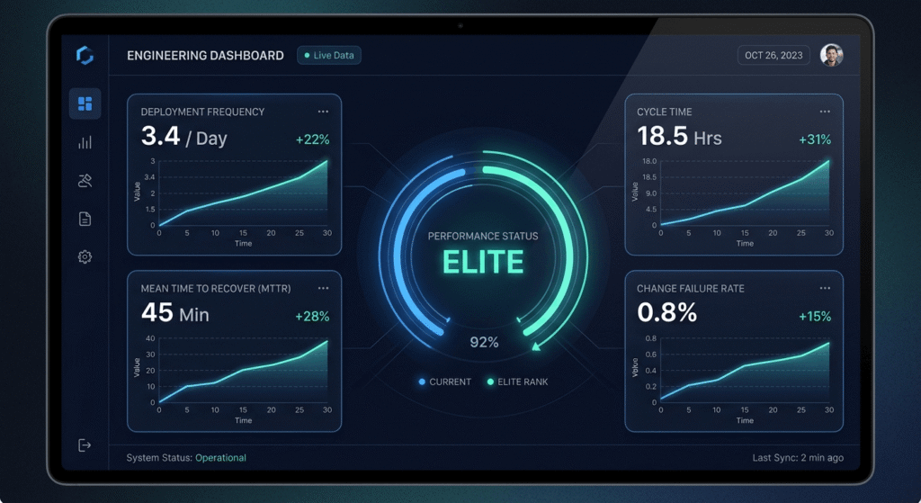 Software KPI dashboard showing DORA metrics including deployment frequency, MTTR, cycle time, and change failure rate for 2026