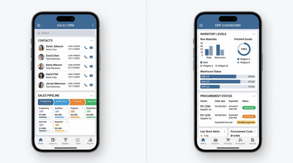 Clarifies the difference between CRM and ERP systems visually — supports the text comparison for readers.