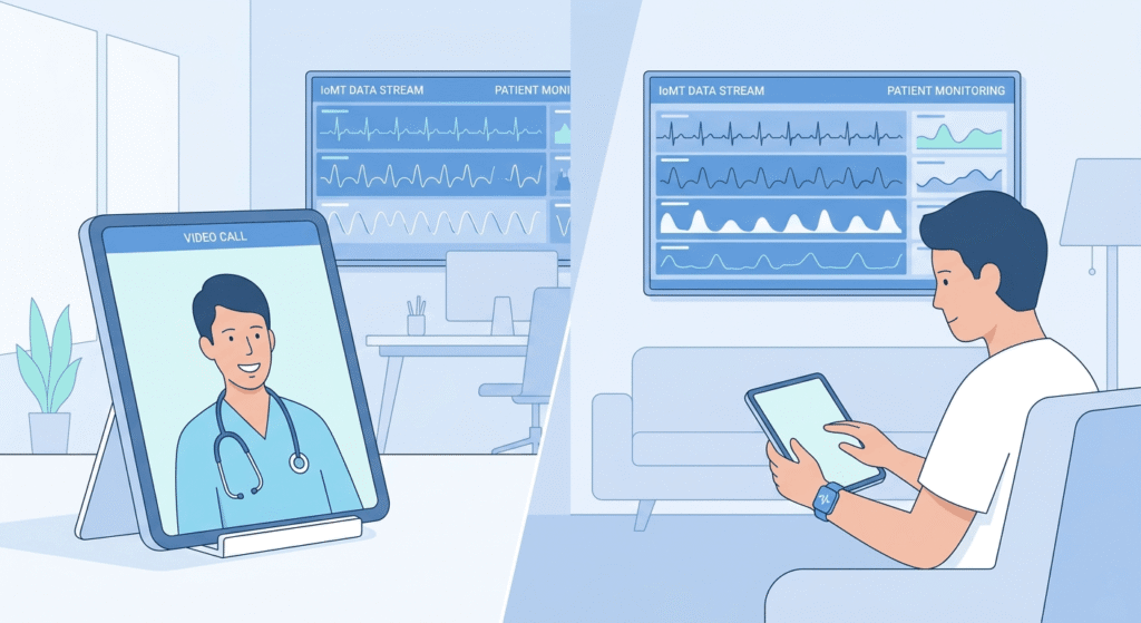 Doctor conducting a HIPAA-compliant telemedicine video consultation with remote patient monitoring data