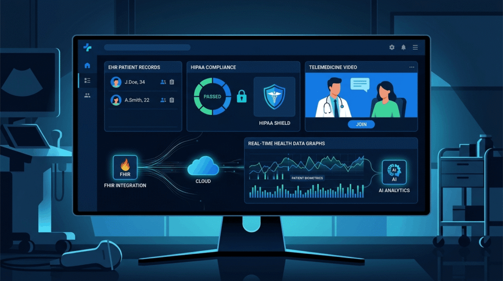 Custom healthcare software dashboard showing EHR, telemedicine, and HIPAA-compliant data integration