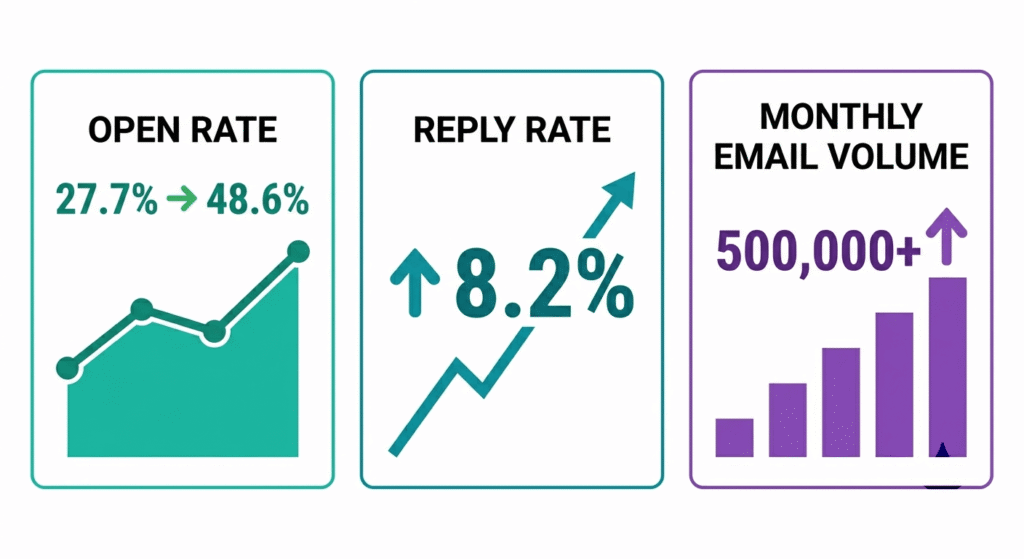 "Cold email outreach statistics for 2026 showing average open rates between 27.7% and 48.6%, reply rates of 8.2%, and volume exceeding 500,000 emails monthly"