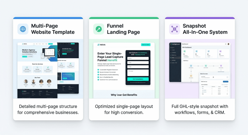 Three types of GoHighLevel templates shown side by side: website template, funnel template, and snapshot all-in-one package