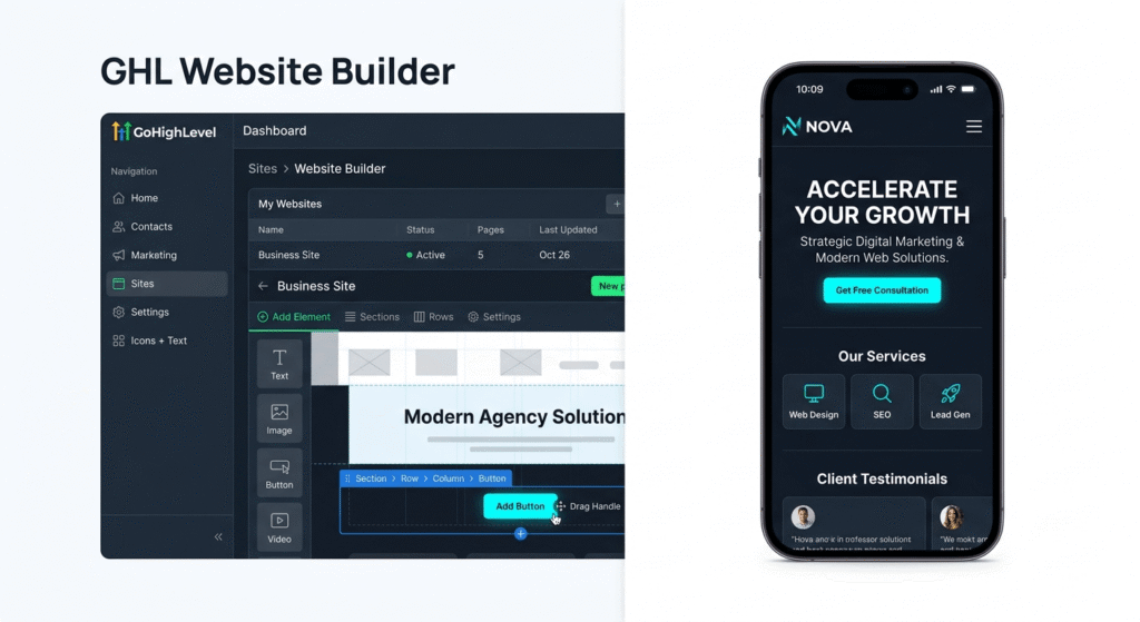GoHighLevel website template dashboard showing drag-and-drop builder and mobile responsive preview