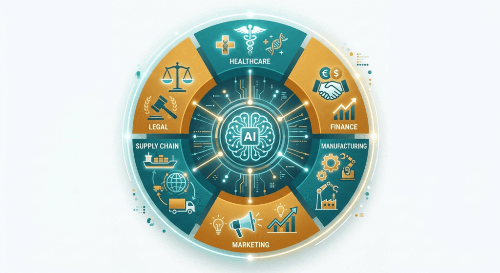 Circular diagram showing AI-driven digital innovation across healthcare, finance, manufacturing, marketing, supply chain, and legal industries