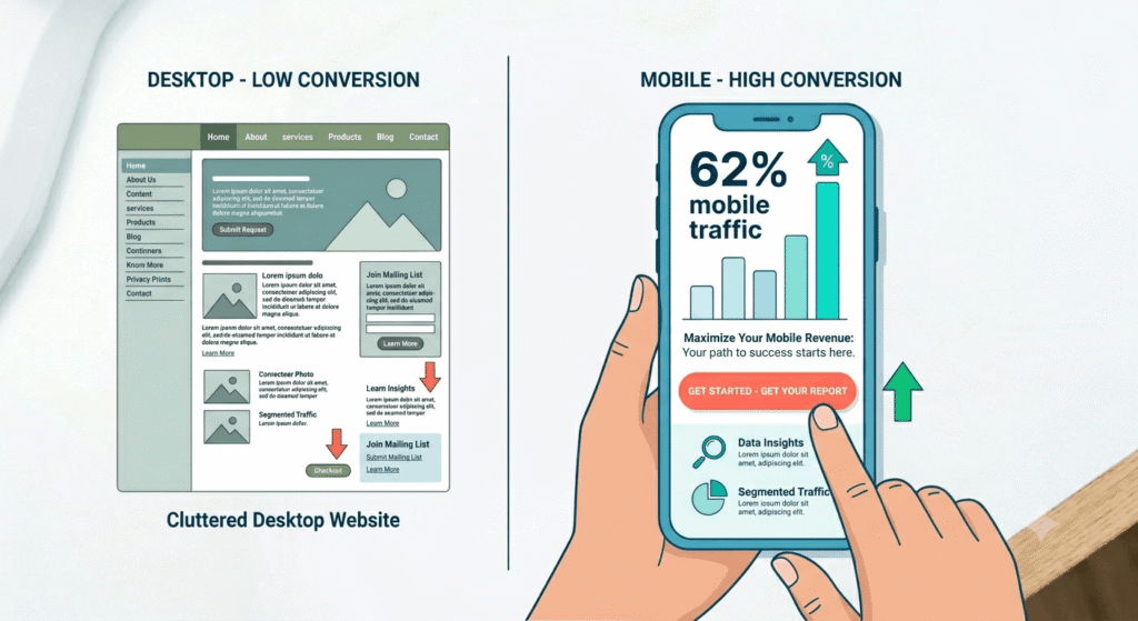 Split-screen comparison of a desktop website vs a mobile-first website with higher conversion rate