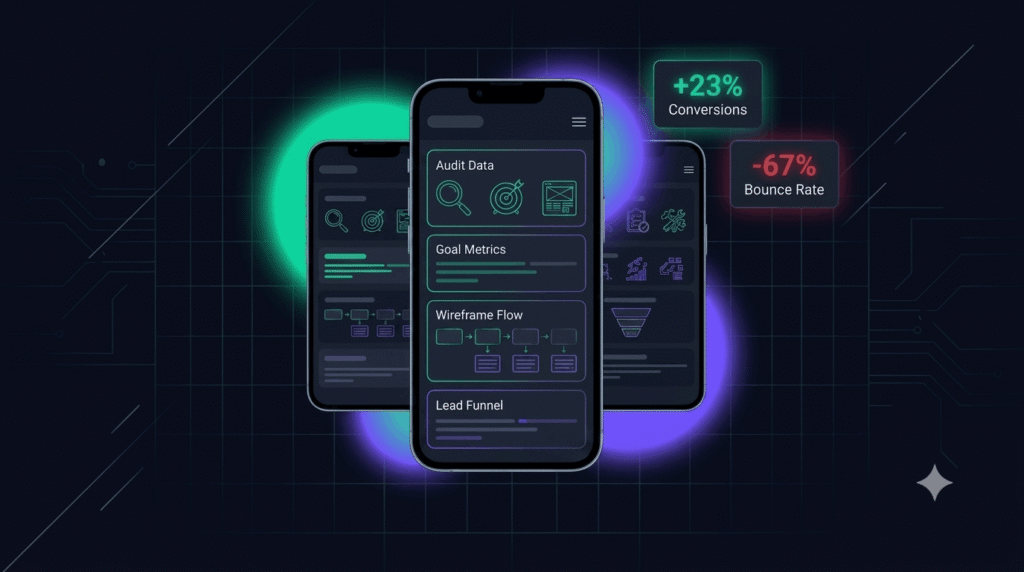 Mobile-first web development for small businesses showing optimised smartphone UI and conversion stats