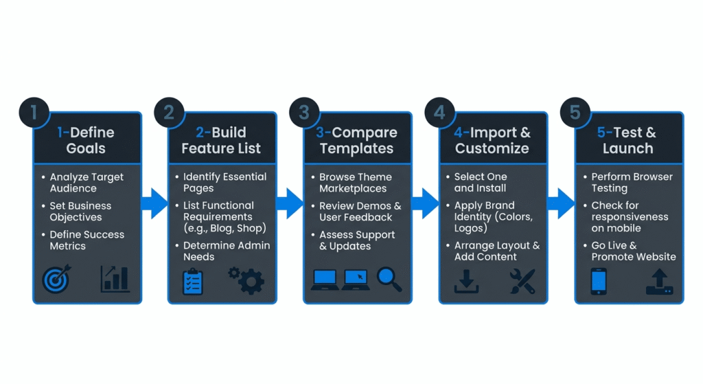 Five-step process for choosing the right GoHighLevel website template, from defining goals to testing and launching