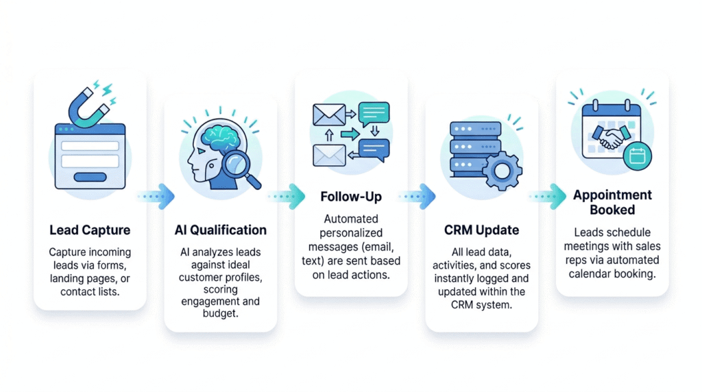 Automated sales workflow diagram showing lead nurturing, follow-ups, and CRM integration with AI assistant