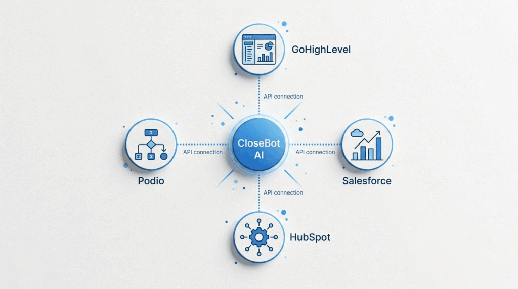 CRM integration ecosystem diagram showing CloseBot AI connecting with GoHighLevel, Salesforce, HubSpot, and Podio via API