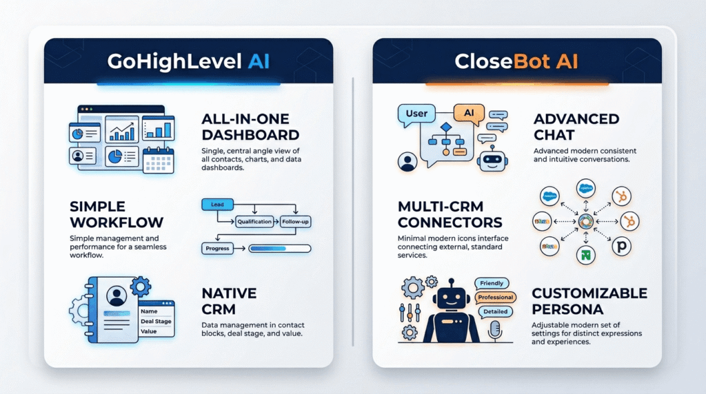 Side-by-side feature comparison of CloseBot AI and GoHighLevel AI Employee highlighting CRM integration, persona management, and pricing