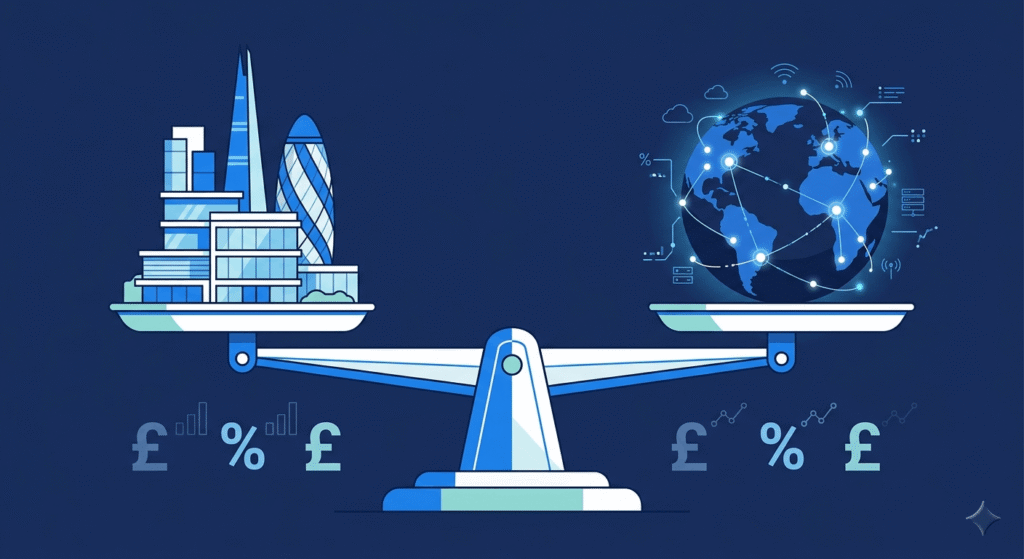 Balance scale illustration comparing cost of in-house development versus outsourced IT services for London SMEs
