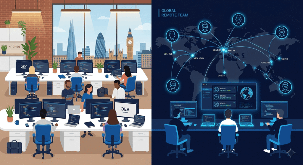 Split illustration comparing in-house development team in London office vs outsourced remote development team connected globally