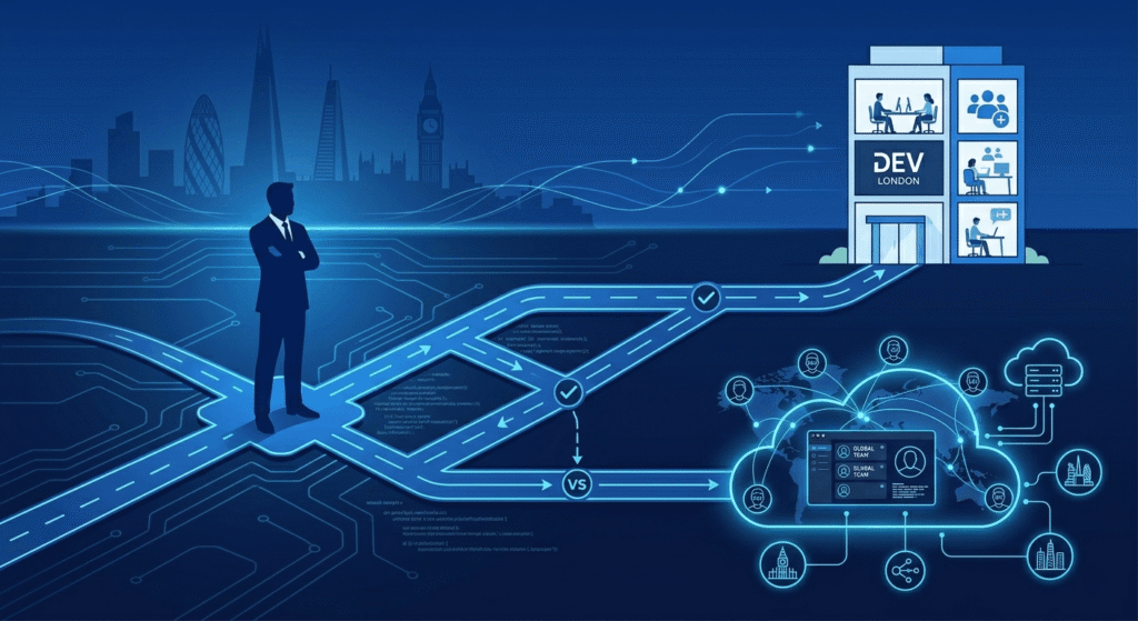  Illustrated decision roadmap for London business choosing between in-house development team and outsourced IT development partner