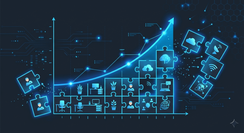 Flat vector illustration of scalable hybrid development model showing in-house and outsourced team blocks fitting together for London SME growth