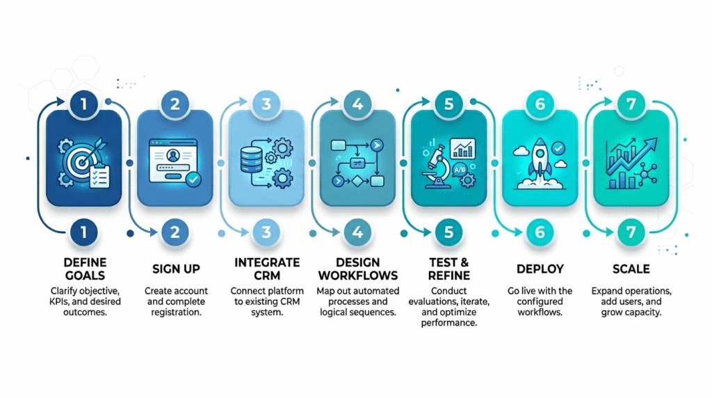 Seven-step illustrated guide to setting up a sales AI agent with CloseBot and GoHighLevel including CRM integration and channel deployment